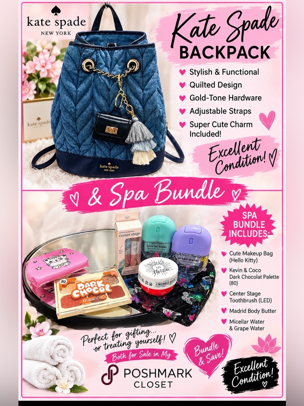 kate spade Quilted Denim Blue Backpack with Gold-Tone Hardware & Tassel Charm